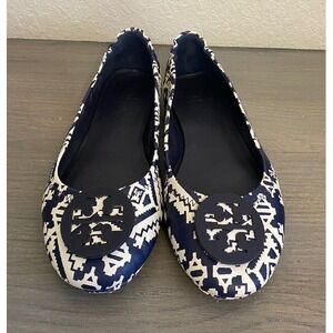 Tory Burch Reva Ballet Flats Black‎ & White Zig Zag Print Size 7.5